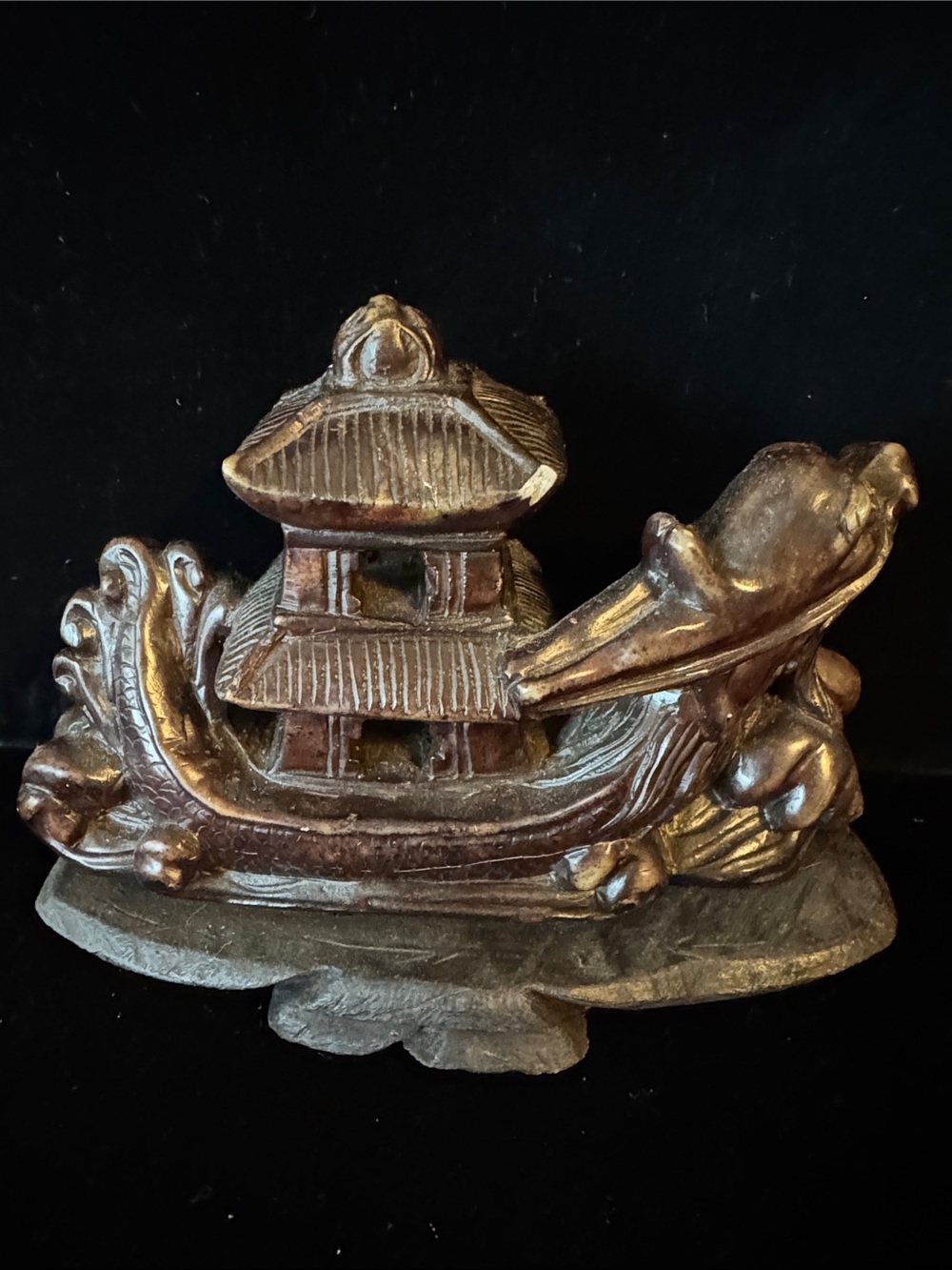 Vintage Carved Chinese Stone Dragon Boat Pagoda Sculpture on Wooden Base